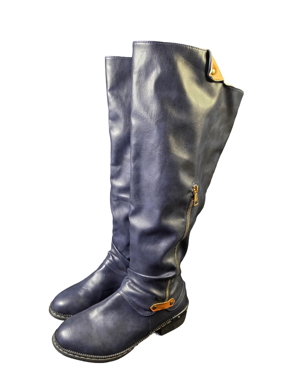 Womens Size 9 Navy Blue Over The Knee Boots Side Zip Low Heel Moto Riding